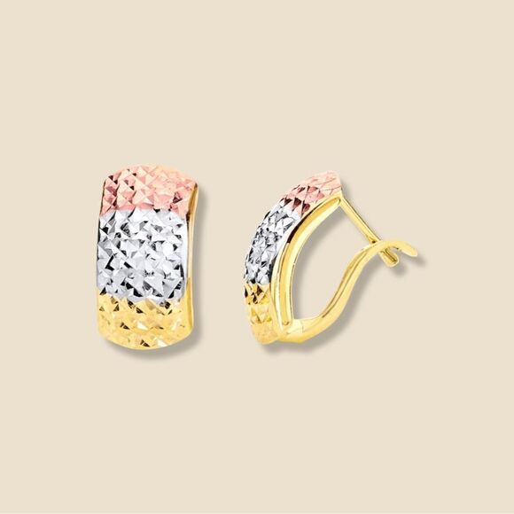 14k Real Solid Tri Color Gold 10mm Half Huggie Hoop Earrings | Birthday Gift | - Picture 1 of 4